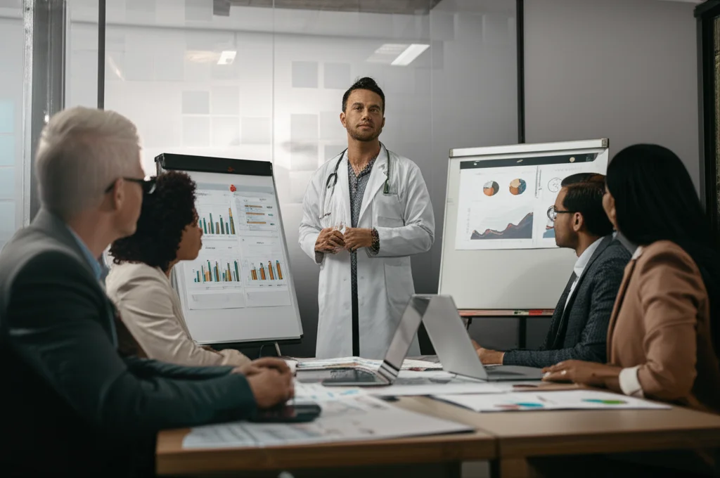 Un team medico multidisciplinare in una sala riunioni moderna discute strategie per migliorare i tassi di autopsia medica, con grafici e dati proiettati. Lens type: Wide-angle, Focal length: 24mm, Additional details: Sharp focus, ambiente collaborativo.