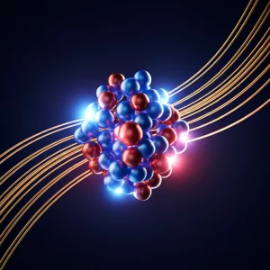 Visualizzazione astratta e artistica di quark charm e bottom (sfere luminose blu e rosse) interagenti all'interno di un triquark, con linee dorate curve che rappresentano le traiettorie di Regge nello spazio-tempo. Stile fotografia scientifica concettuale, illuminazione drammatica controllata, alto dettaglio, profondità di campo ridotta, prime lens 50mm.