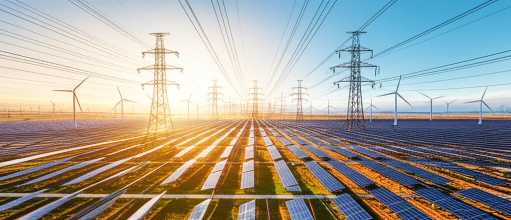 Wide-angle landscape photo showing a vast network of high-voltage transmission lines spanning continents, with solar farms in sunny regions and wind turbines in windy areas, symbolizing global energy interconnection. 10mm wide-angle lens, long exposure.