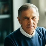 An older adult looking healthy and happy, with a subtle background suggesting financial well-being, 35mm portrait, depth of field.