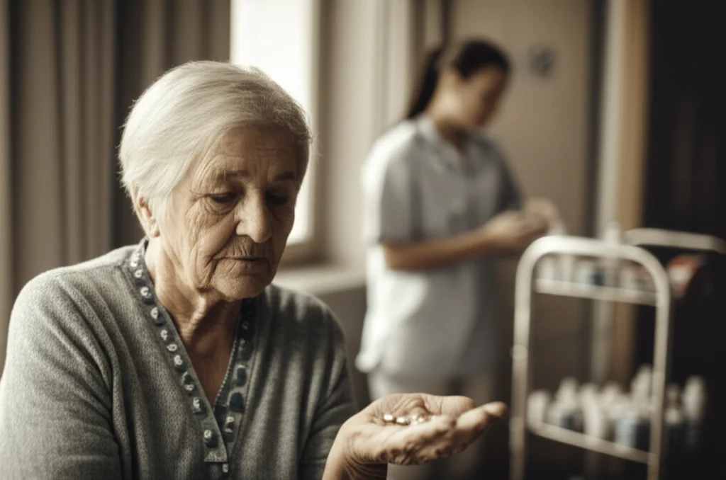 Foto realistica di un'anziana signora in una casa di riposo che guarda pensierosa una manciata di pillole nel palmo della sua mano, con un'infermiera sullo sfondo che prepara farmaci in un carrello. Prime lens, 35mm, luce naturale da una finestra laterale, duotone seppia e grigio per un'atmosfera riflessiva, profondità di campo che sfoca lo sfondo della stanza pulita e ordinata.