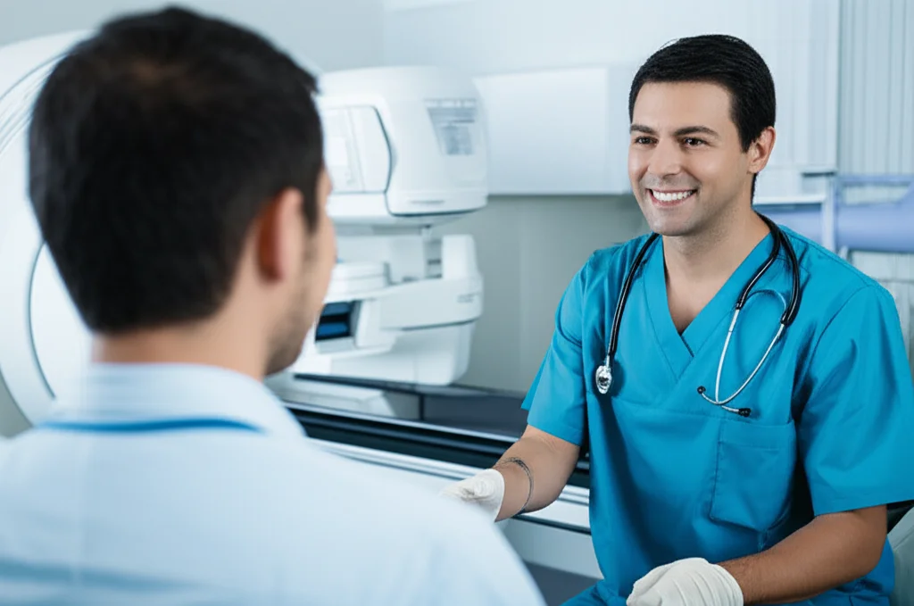 Fotografia di ritratto, un tecnico di radiologia medica (TSRM) offre un sorriso rassicurante a un paziente seduto vicino a un macchinario di radioterapia, obiettivo 35mm, profondità di campo, luce calda e morbida, duotono blu e grigio per un'atmosfera calma.