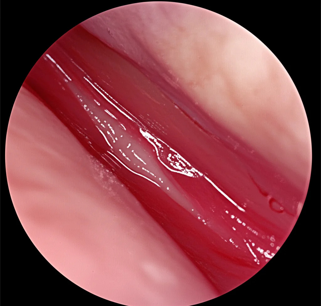 Illustrazione medica dettagliata che mostra la sezione trasversale della regione anale con una fistola perianale complessa e la tecnica chirurgica del lembo di avanzamento. Macro lens, 100mm, alta definizione, illuminazione da studio per evidenziare i dettagli anatomici e la procedura.