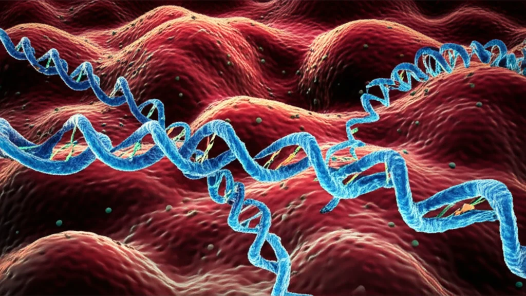 Immagine concettuale di filamenti di lncRNA che interagiscono con ioni di rame all'interno di una cellula tumorale, con un effetto visivo che suggerisce la morte cellulare (cuproptosi). Macro lens, 90mm, high detail, illuminazione drammatica per evidenziare il rame e gli lncRNA.