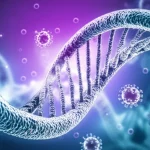 Immagine concettuale di una doppia elica di DNA stilizzata che si intreccia con simboli astratti rappresentanti cellule umane e particelle virali, su uno sfondo digitale high-tech con tonalità blu elettrico e viola. Macro lens, 80mm, high detail, precise focusing, controlled lighting, a simboleggiare la complessa ricerca genetica sulla suscettibilità al long COVID.