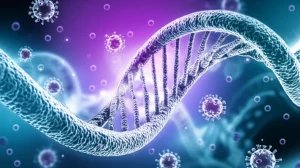 Immagine concettuale di una doppia elica di DNA stilizzata che si intreccia con simboli astratti rappresentanti cellule umane e particelle virali, su uno sfondo digitale high-tech con tonalità blu elettrico e viola. Macro lens, 80mm, high detail, precise focusing, controlled lighting, a simboleggiare la complessa ricerca genetica sulla suscettibilità al long COVID.