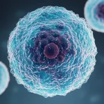 Immagine concettuale fotorealistica di un linfocita T umano, vibrante e attivo, protetto da una barriera molecolare (rappresentante l'inibitore ENT1) dall'attacco di numerose molecole di adenosina (piccole sfere scure) in un microambiente tumorale stilizzato. Obiettivo macro 100mm, illuminazione drammatica che mette in risalto il linfocita T, alta definizione dei dettagli molecolari, sfondo con cellule tumorali leggermente sfocate per mantenere il focus sul linfocita e sull'interazione. Duotone blu e grigio per un effetto scientifico e moderno.