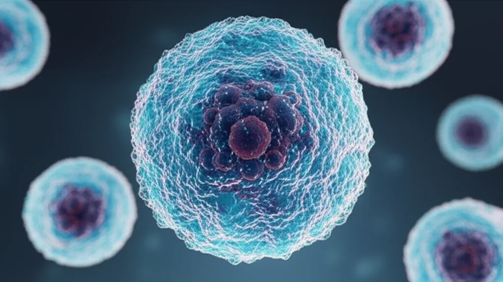 Immagine concettuale fotorealistica di un linfocita T umano, vibrante e attivo, protetto da una barriera molecolare (rappresentante l'inibitore ENT1) dall'attacco di numerose molecole di adenosina (piccole sfere scure) in un microambiente tumorale stilizzato. Obiettivo macro 100mm, illuminazione drammatica che mette in risalto il linfocita T, alta definizione dei dettagli molecolari, sfondo con cellule tumorali leggermente sfocate per mantenere il focus sul linfocita e sull'interazione. Duotone blu e grigio per un effetto scientifico e moderno.