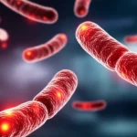 Photorealistic image of E. coli bacteria viewed under a powerful microscope, with some individual bacteria glowing red to symbolize antibiotic resistance. The background is a dark, slightly blurred scientific laboratory setting. Macro lens, 100mm, high detail, precise focusing, controlled lighting for a dramatic effect.
