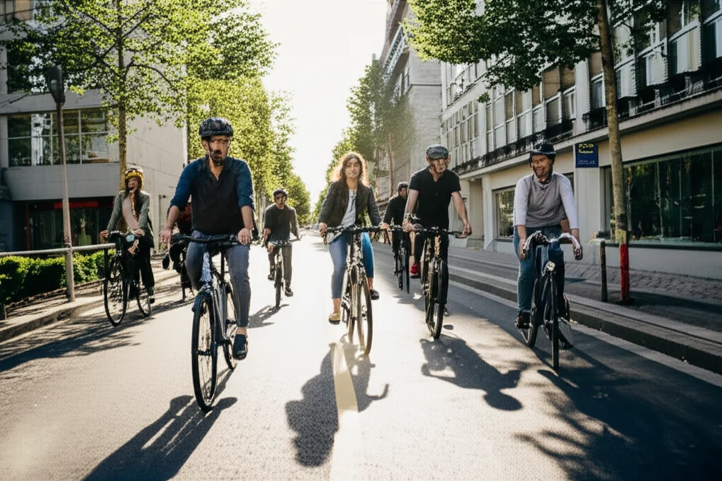 Photorealistic image showing a diverse group of people (men, women, different ages) on various bicycles (conventional, e-bike, s-pedelec) interacting with different types of urban cycling infrastructure, wide-angle lens, 24mm, sharp focus, diverse urban context.