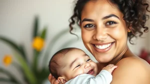 Primo piano del volto sorridente e fiducioso di una giovane madre ispanica, circa 30 anni, che tiene in braccio il suo bambino. Luce calda e naturale. Obiettivo da ritratto 50mm, profondità di campo ridotta per sfocare lo sfondo, colori caldi e naturali, stile realistico.