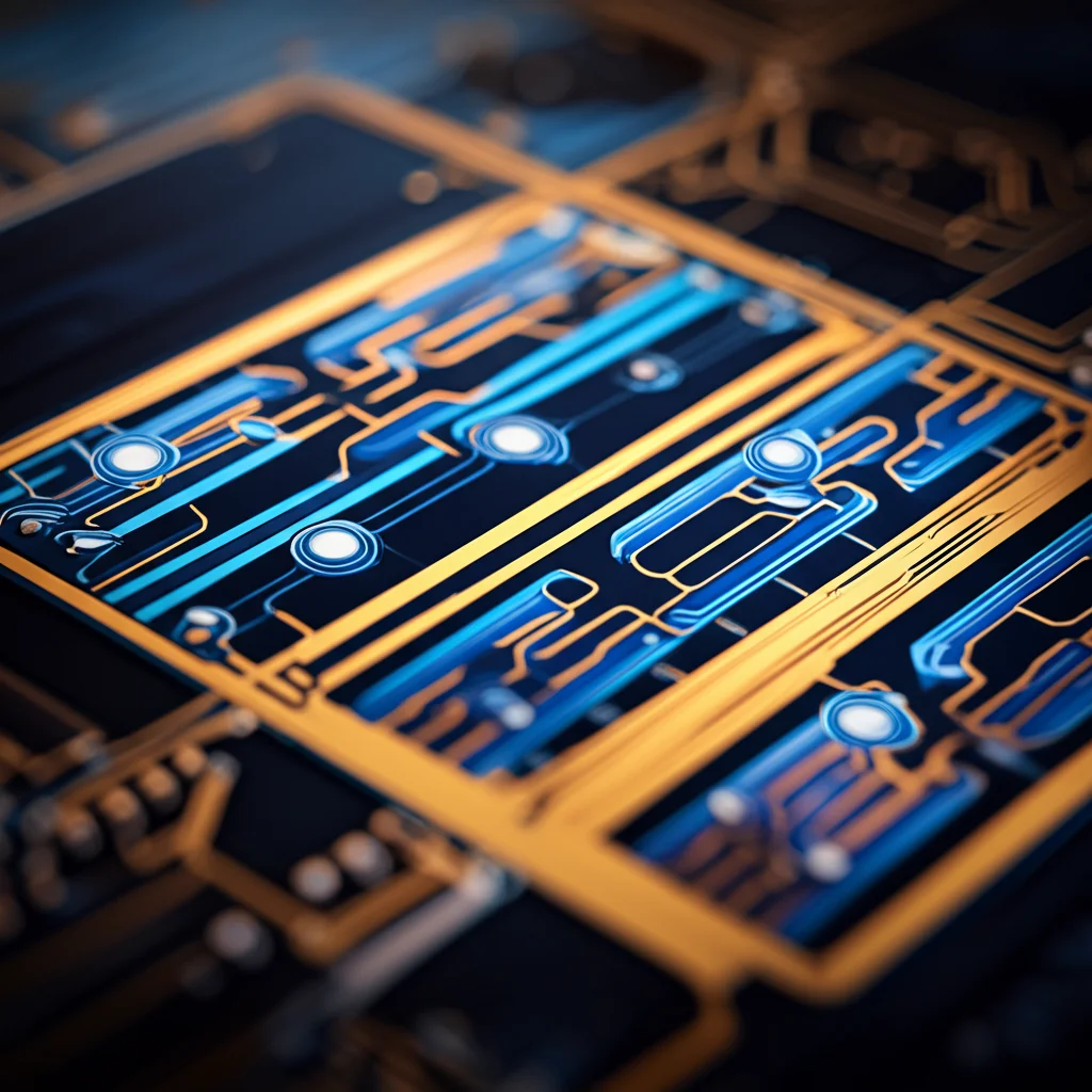 Primo piano di un chip quantistico futuristico con intricati percorsi luminosi, alcuni dei quali sono interrotti (difetti) ma altri mostrano percorsi di luce 'riparati' o 'bypassati' da strutture simili a cerotti luminosi. Obiettivo prime, 35mm, illuminazione controllata ad alto dettaglio, duotone blu e oro.
