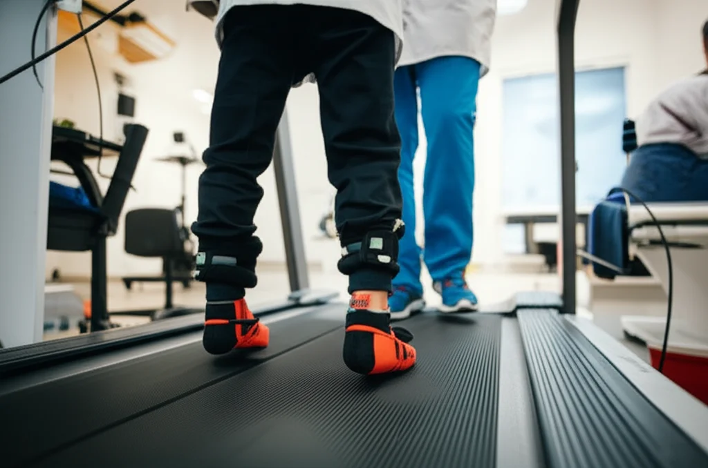 Primo piano sulle gambe di un bambino con Distrofia Muscolare di Duchenne che cammina con difficoltà su un tapis roulant per analisi del movimento, sensori riflettenti applicati sulla pelle, ambiente clinico luminoso e moderno, obiettivo prime 35mm, profondità di campo che sfoca lo sfondo.