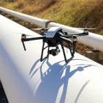 Un drone high-tech in volo stazionario sopra una sezione di oleodotto in un ambiente industriale, obiettivo zoom 35mm per un ritratto del drone in azione, con dettagli nitidi sulla sua sensoristica e sulla superficie dell'oleodotto, luce diurna che evidenzia potenziali aree di ispezione.