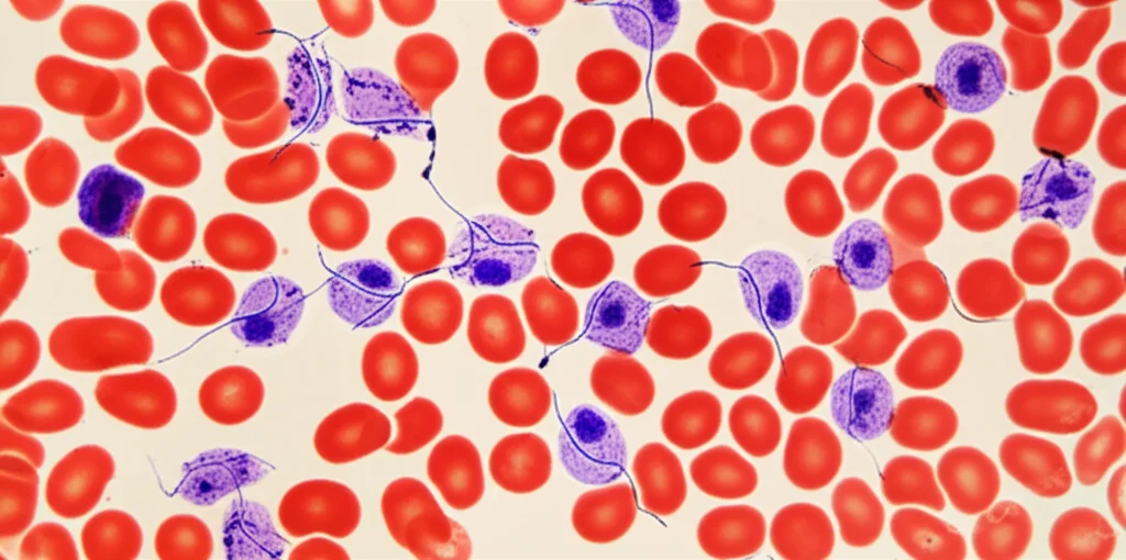 A highly detailed macro shot of a lab slide showing Plasmodium falciparum parasites inside red blood cells, viewed under a microscope, with precise focusing and controlled lighting.