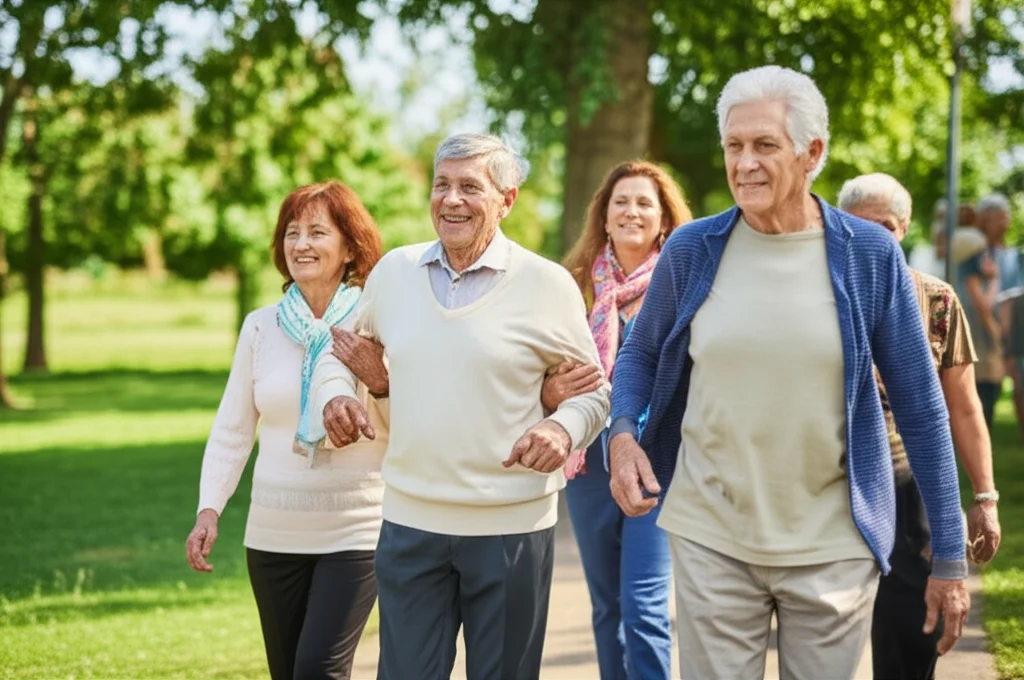 Fotografia di un gruppo diversificato di anziani attivi e sorridenti che partecipano a un'attività all'aperto, come una passeggiata leggera in un parco soleggiato. Obiettivo prime 35mm, profondità di campo ridotta per sfocare leggermente lo sfondo, luce naturale calda, colori vivaci.