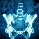 Immagine concettuale fotorealistica che mostra l'intelligenza artificiale (simboleggiata da circuiti luminosi e pattern di dati digitali) che analizza una scansione TC del bacino per rilevare l'invasione tumorale della vescica da parte di un cancro del colon-retto. Obiettivo prime 35mm, profondità di campo, toni blu e argento duotone, illuminazione drammatica.