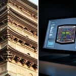 Immagine fotorealistica divisa verticalmente: a sinistra, dettaglio della Pagoda di Legno di Yingxian con texture del legno antico ben visibile, obiettivo macro 80mm, alta definizione, luce naturale controllata; a destra, la sua controparte gemello digitale su uno schermo, resa 3D con sovrapposizioni di dati colorati che indicano stress strutturale, profondità di campo focalizzata sullo schermo.