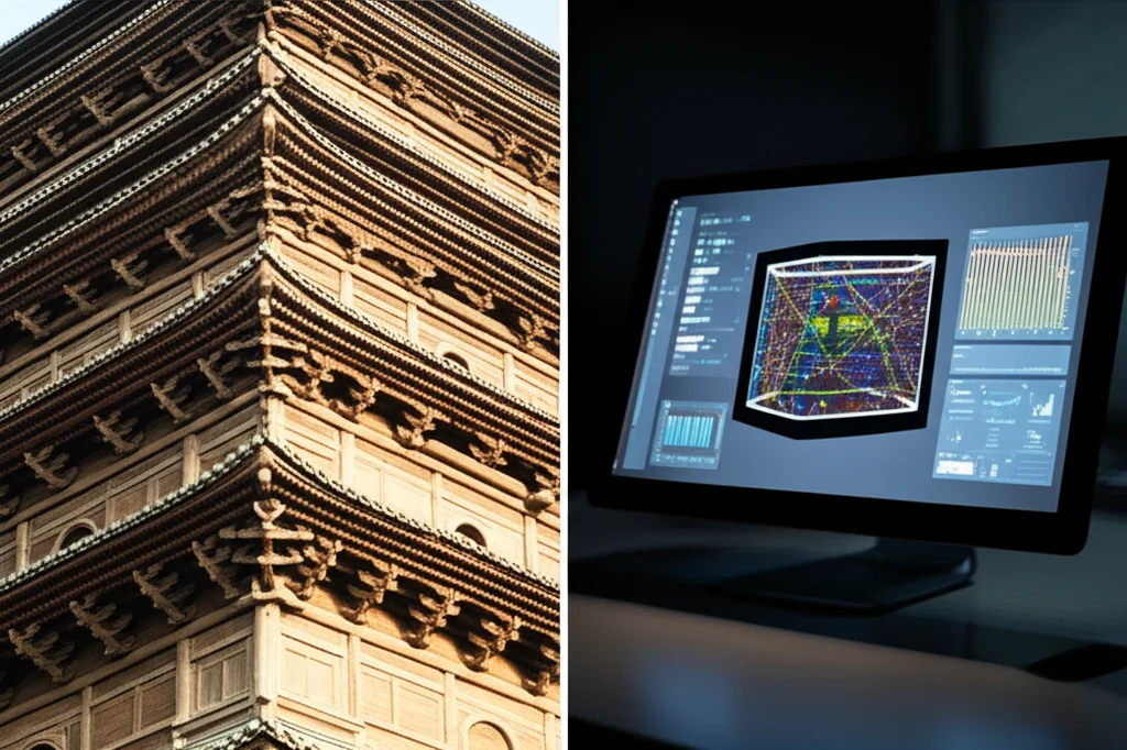 Immagine fotorealistica divisa verticalmente: a sinistra, dettaglio della Pagoda di Legno di Yingxian con texture del legno antico ben visibile, obiettivo macro 80mm, alta definizione, luce naturale controllata; a destra, la sua controparte gemello digitale su uno schermo, resa 3D con sovrapposizioni di dati colorati che indicano stress strutturale, profondità di campo focalizzata sullo schermo.