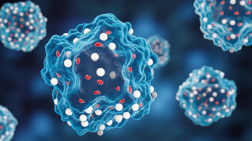 Immagine fotorealistica, obiettivo macro 90mm, di diverse molecole lipidiche (fosfatidilcoline) che fluttuano vicino a cellule polmonari umane stilizzate, rappresentando il legame tra lipidi specifici e sottotipi di cancro ai polmoni (LUAD e LUSC), messa a fuoco precisa, illuminazione scientifica controllata, alto dettaglio.