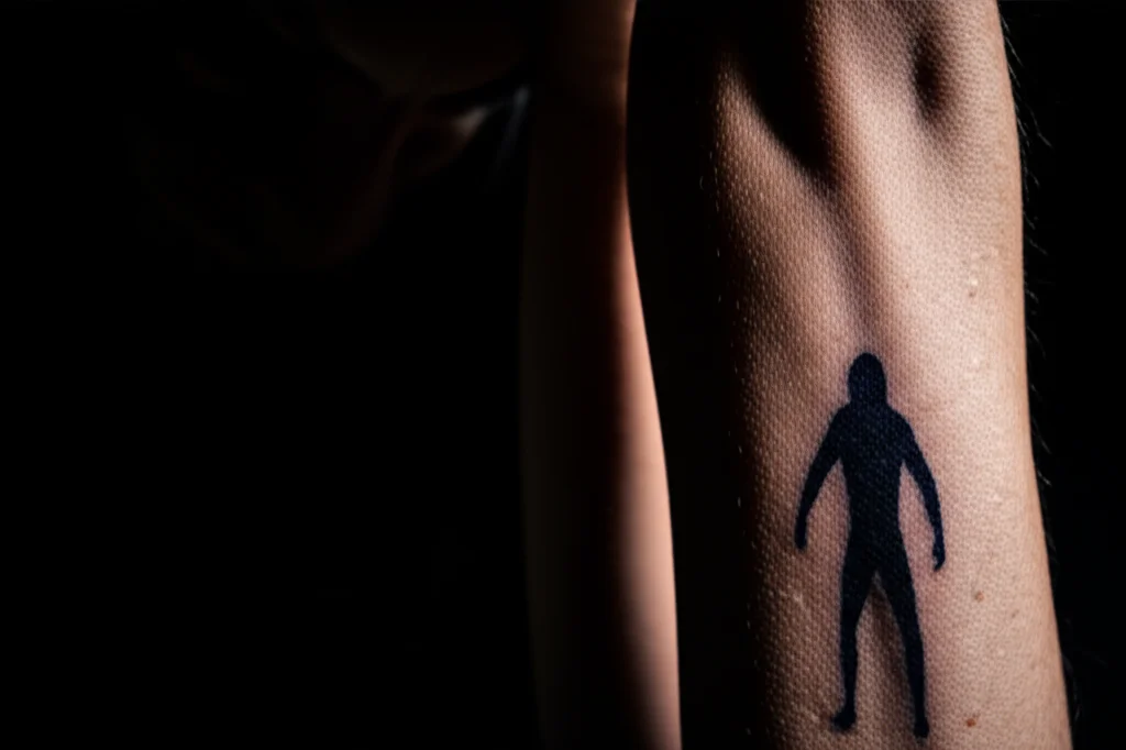 Photorealistic wide-angle shot, 24mm, sharp focus, conceptual art style, showing a subtle visual link between a silhouette of a stressed person and patches of depigmentation appearing on skin texture.