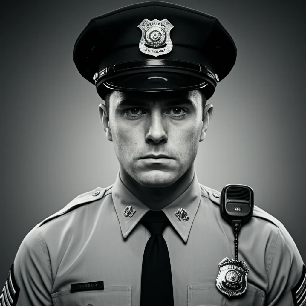 Portrait of a police officer looking stressed, 35mm portrait, black and white film.