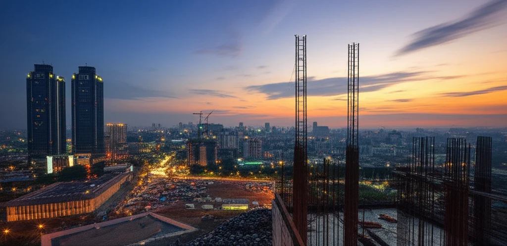 Skyline di Dhaka al tramonto con cantieri edili in primo piano, simboleggiando la rapida urbanizzazione e la sfida dei rifiuti da costruzione. Fotografia di paesaggio urbano, obiettivo grandangolare 18mm, lunga esposizione per nuvole setose e luci della città vibranti, messa a fuoco nitida sull'orizzonte.