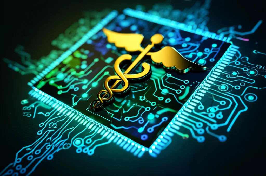 Un cervello stilizzato composto da circuiti digitali luminosi di colore blu e verde su sfondo scuro, con un caduceo medico dorato elegantemente integrato al centro, simboleggiante l'intelligenza artificiale avanzata applicata alla medicina. Macro lens, 100mm, high detail, precise focusing, controlled lighting per enfatizzare la tridimensionalità e la brillantezza dei circuiti.