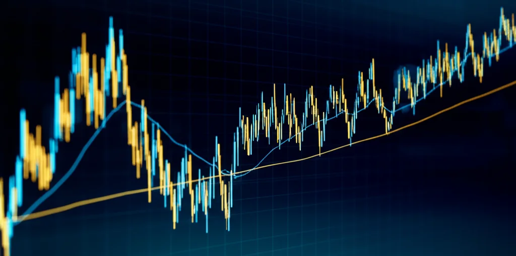 Un concetto astratto di mercati finanziari con grafici complessi e fluttuanti che rappresentano la volatilità frazionaria e multiscala, con un elemento visivo che simboleggia il rischio di default, come una crepa o una linea spezzata. Wide-angle 10-24mm, long exposure per scie luminose, colori principali blu profondo e oro, sharp focus sui grafici principali.