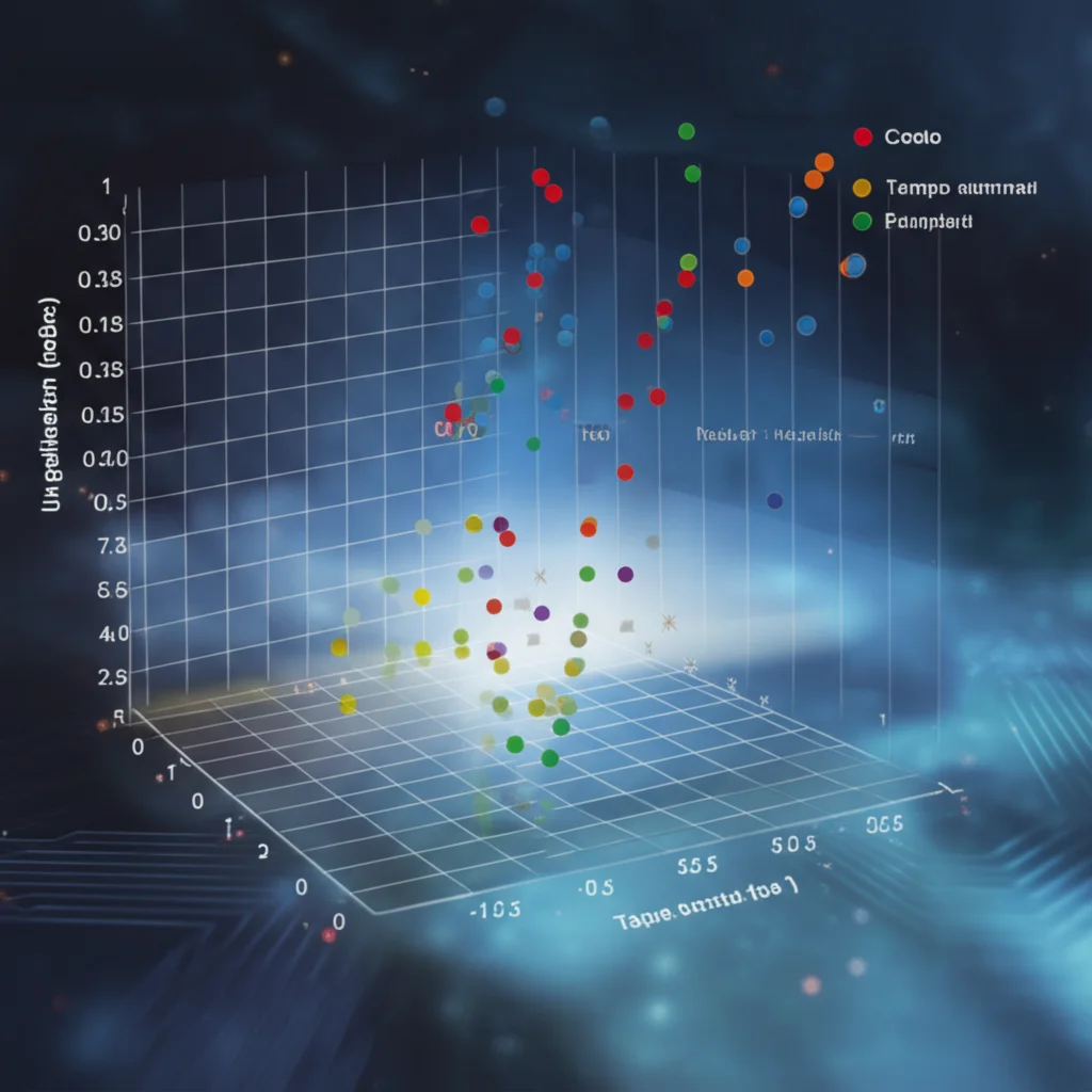 Un grafico tridimensionale interattivo che mostra il trade-off tra performance predittiva (asse Y), costo (asse X) e tempo del partecipante (asse Z) per diversi modelli di previsione del diabete tipo 1. Punti colorati rappresentano i modelli, con alcuni evidenziati come ottimali. Sfondo tecnologico astratto. Obiettivo grandangolare, 24mm, focus nitido, illuminazione da studio.