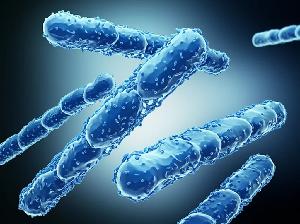 Un'immagine concettuale di Microbacterium proteolyticum ZJSU01 che degrada attivamente molecole di 17β-estradiolo in un ambiente acquatico stilizzato. Macro fotografia, 100mm, alta definizione, illuminazione drammatica che evidenzia i batteri e le molecole, sfondo leggermente sfocato per enfasi.