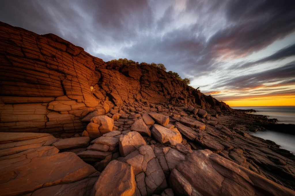 Un'immagine grandangolare di un paesaggio vulcanico australiano antico, con formazioni rocciose suggestive e un cielo drammatico al tramonto, che evoca le antiche storie aborigene. Wide-angle, 10mm, long exposure, sharp focus, colori caldi del tramonto che contrastano con le rocce scure.