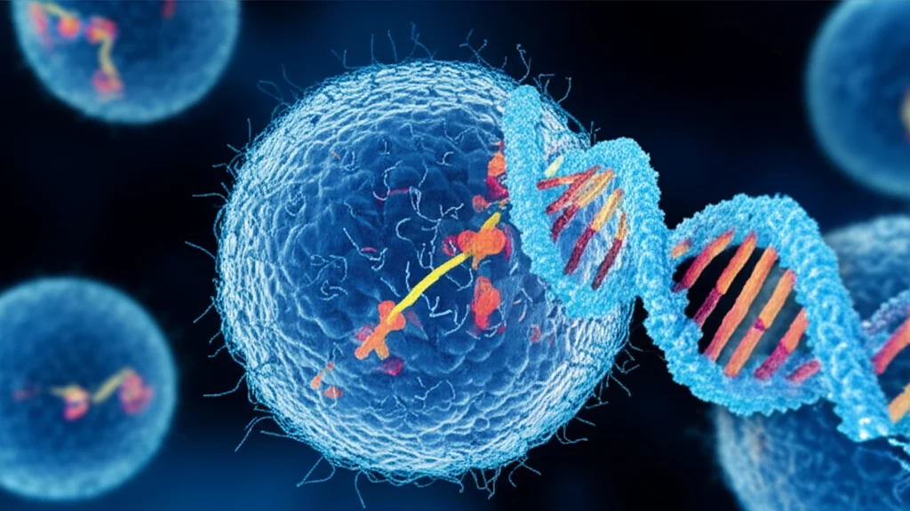 Visualizzazione artistica e scientifica di una molecola di RNA circolare (circ_RPPH1) al centro, con filamenti di DNA e proteine che si intrecciano attorno ad essa, simboleggiando la sua interazione con EIF4A3. Sfondo scuro con cellule tumorali della vescica stilizzate. Obiettivo macro 60mm, illuminazione da studio per dettagli precisi, profondità di campo per mettere a fuoco il circRNA.