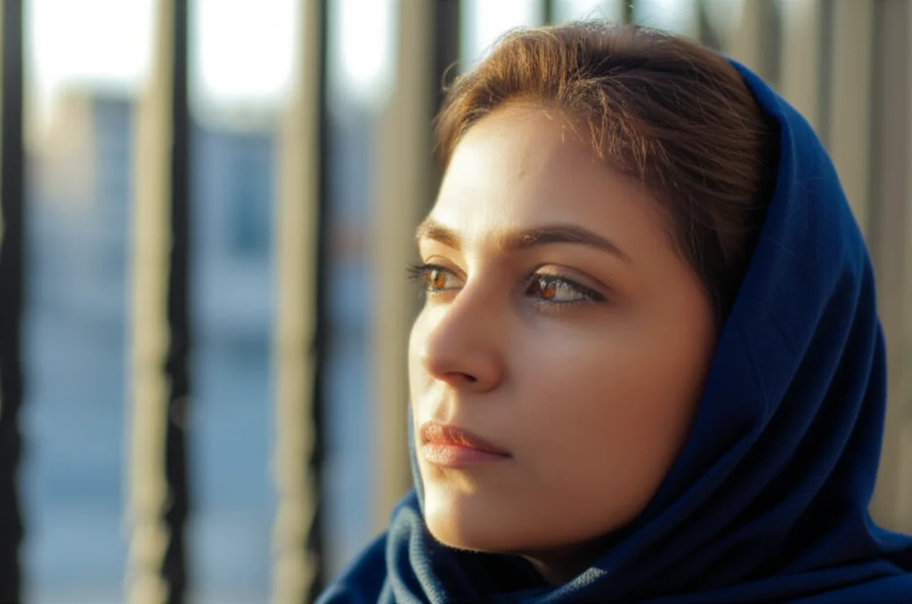 A thoughtful portrait of a young Iranian woman, 35mm portrait, depth of field, soft natural light, representing the human aspect of health research.