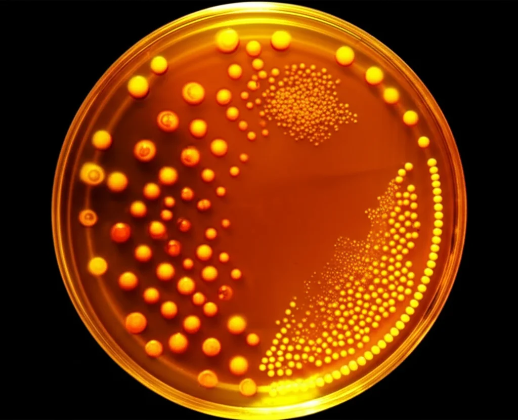 Colonie di lievito ingegnerizzato che mostrano diverse pigmentazioni carotenoidi (dal giallo al rosso intenso) su piastre di Petri in un ambiente di laboratorio. Lente macro 100mm, illuminazione controllata per evidenziare i colori vibranti e i dettagli delle colonie, alta definizione.