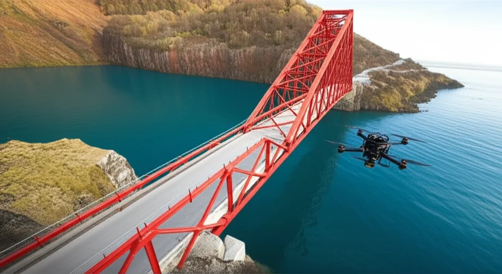 Foto aerea grandangolare (18mm) di un drone Elios 2 che ispeziona da vicino la complessa struttura inferiore di un grande ponte in acciaio. Luce del tardo pomeriggio, messa a fuoco nitida sulla struttura del ponte e sul drone, lunga esposizione per sfocare leggermente l'acqua sottostante, simboleggiando l'ispezione avanzata delle infrastrutture.