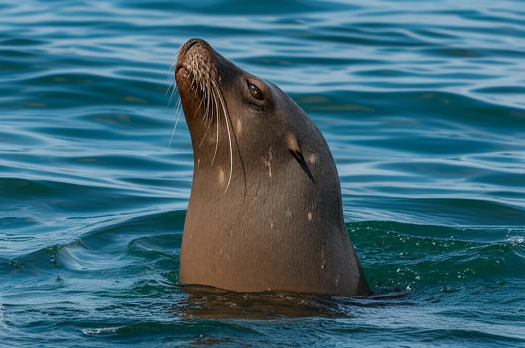 Fotografia naturalistica di un leone marino californiano (Zalophus californianus) esperto, forse Ronan, che emerge dall'acqua con la testa alta, con gocce d'acqua che volano. Obiettivo teleobiettivo zoom (es. 100-400mm), alta velocità dell'otturatore per congelare il movimento, tracciamento del movimento, luce naturale brillante che evidenzia la pelliccia bagnata e gli occhi intelligenti. Sfondo leggermente sfocato con onde dell'oceano.