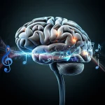 Immagine concettuale del cervello umano che elabora musica, con note musicali e onde cerebrali interconnesse. Stile fotorealistico, obiettivo prime 50mm, profondità di campo, illuminazione drammatica per evidenziare le connessioni neurali.