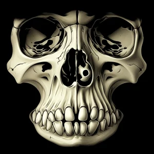 Immagine concettuale di una sezione trasversale di una mandibola affetta da displasia cemento-ossea, con aree di diversa densità ossea evidenziate, stile da illustrazione medica dettagliata, 35mm, duotone seppia e crema per un look vintage-scientifico, profondità di campo che mette a fuoco la lesione principale.
