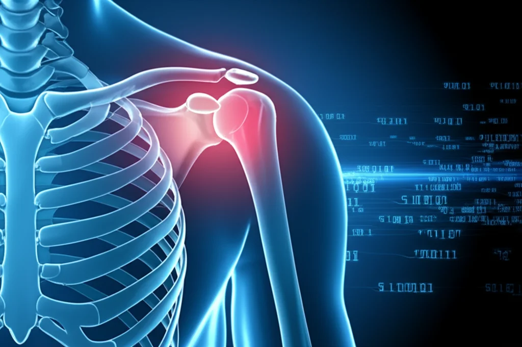 Immagine concettuale di una spalla umana stilizzata con ingranaggi bloccati a simboleggiare la 'spalla congelata', su sfondo blu scuro con linee di dati digitali, obiettivo macro 100mm, alta definizione, illuminazione controllata per evidenziare la texture metallica degli ingranaggi e la traslucenza della spalla.