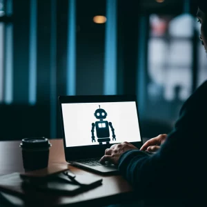 Immagine concettuale fotorealistica: una silhouette di studente universitario di fronte a un laptop da cui emana una luce calda e accogliente, simboleggiante un chatbot empatico. Lo sfondo è leggermente scuro per enfatizzare la luce. Obiettivo grandangolare 20mm, effetto bokeh sullo sfondo, duotone blu (stress) e arancione (supporto/chiarezza).