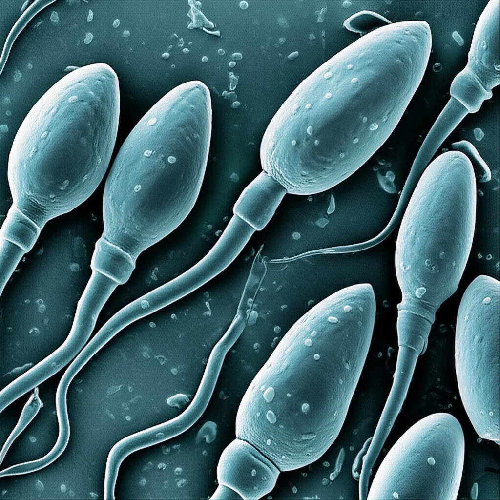Immagine fotorealistica al microscopio elettronico a scansione di spermatozoi umani, alcuni con morfologia normale e altri che mostrano danni indotti da contaminanti ambientali, alta definizione, illuminazione da laboratorio ad alto contrasto, lente macro 105mm, messa a fuoco precisa sui dettagli strutturali.