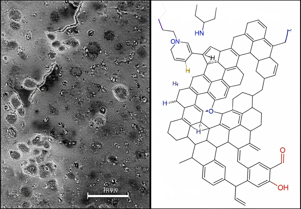 Immagine fotorealistica concettuale che mostra il batterio filamentoso Actinokineospora auranticolor visto al microscopio, accanto a una rappresentazione stilizzata ma dettagliata della molecola di Kineomicina B. L'immagine simboleggia la scoperta dell'antibiotico dal microrganismo. Keywords: Microscopy, Actinokineospora auranticolor, filamentous bacteria, Kineomicin molecule, antibiotic discovery, scientific concept, high detail, controlled lighting, split image.