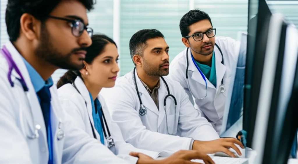 Immagine fotorealistica di un team medico multietnico in India che analizza attentamente i risultati di una scansione DXA su un monitor ad alta definizione in un moderno laboratorio diagnostico. Obiettivo prime 35mm, profondità di campo, luce naturale soffusa che illumina i volti concentrati.
