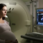 Immagine fotorealistica, obiettivo primario 35mm, che mostra una donna incinta preoccupata ma speranzosa mentre guarda lo schermo di un monitor CTG che visualizza i pattern della frequenza cardiaca fetale in una stanza d'ospedale leggermente illuminata. Profondità di campo, messa a fuoco sull'espressione della donna e sul monitor.