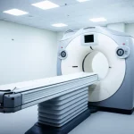 Photorealistic image of a PET/CT scanner with a patient table, focusing on the technology and clinical setting, controlled lighting, high detail.