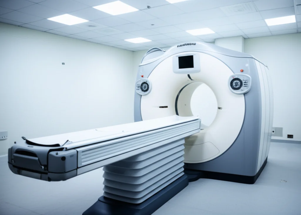 Photorealistic image of a PET/CT scanner with a patient table, focusing on the technology and clinical setting, controlled lighting, high detail.
