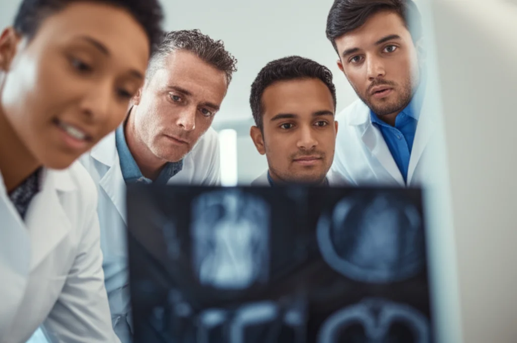 Portrait photography, 35mm lens, depth of field, showing a diverse team of radiologists looking at medical images together in a collaborative setting.