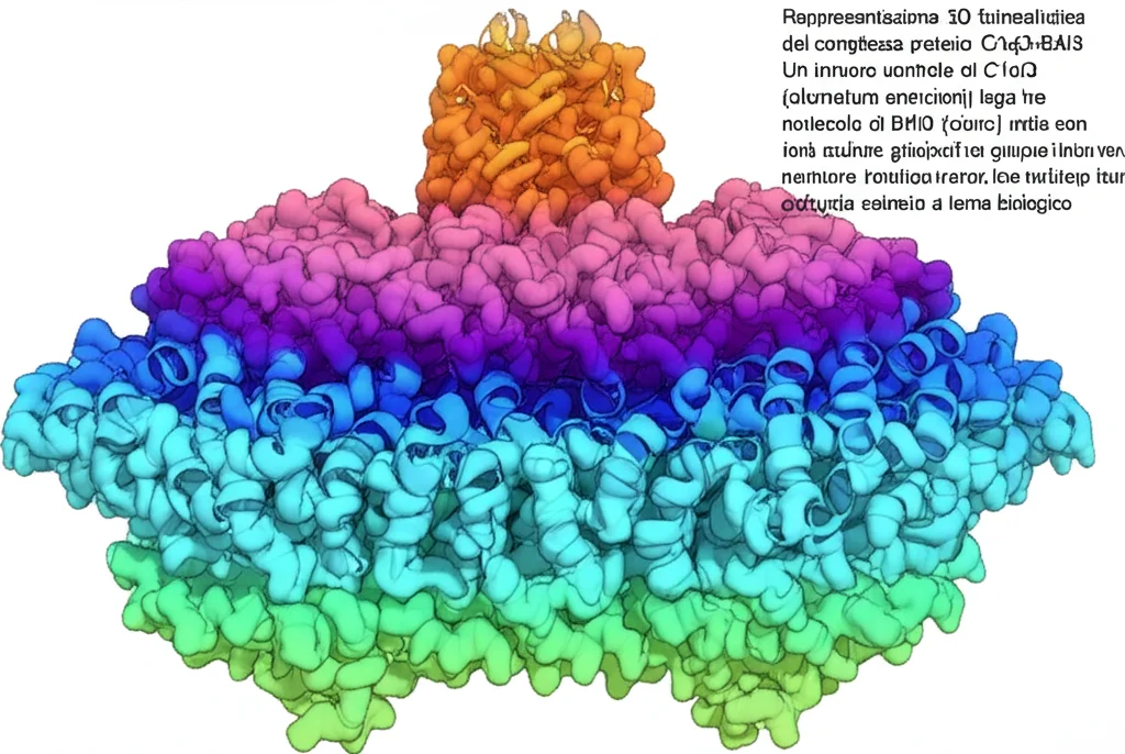 Rappresentazione 3D fotorealistica del complesso proteico C1ql3-BAI3. Un trimero centrale di C1ql3 (sfumature arancioni) lega tre molecole di BAI3 (ciano) nelle sue scanalature, con ioni calcio (sfere grigie) che mediano l'interazione. Macro lens, 80mm, high detail, precise focusing, controlled lighting, sfondo astratto a tema biologico.