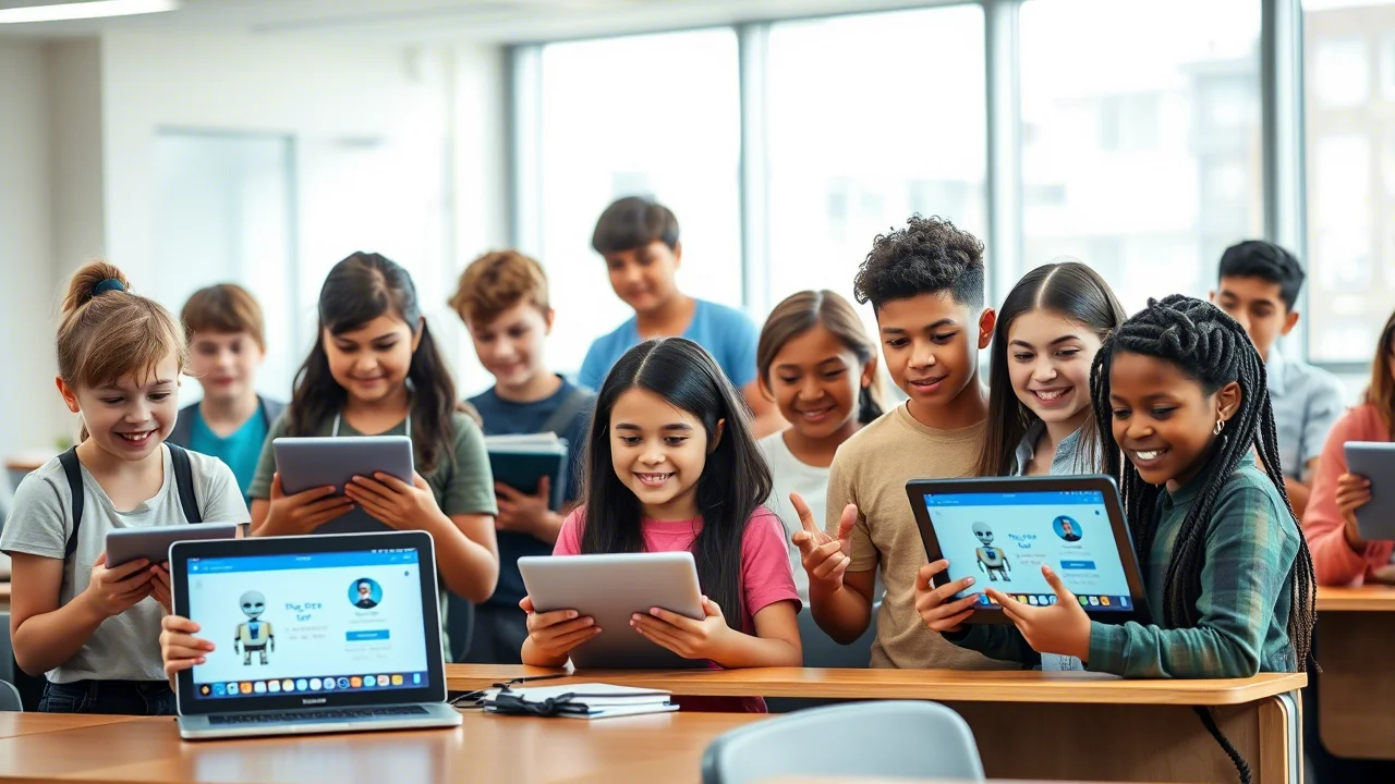 Un gruppo eterogeneo di studenti K-12 in un'aula moderna e luminosa, alcuni interagiscono con tablet e laptop che mostrano interfacce chatbot, altri discutono tra loro. Fotografia di ritratto di gruppo, obiettivo zoom 24-35mm, luce naturale brillante, colori vividi ma realistici, profondità di campo che sfoca leggermente lo sfondo per concentrarsi sugli studenti.